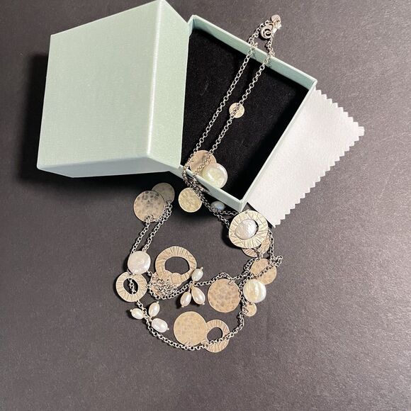 SILPADA 925 Sterling Silver Pearl Of Girl Disc Charm Necklace 36"  Box & Cloth - Picture 4 of 5